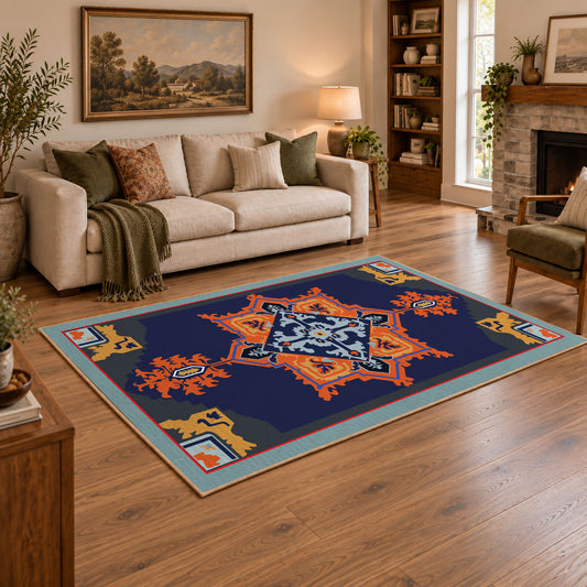 Navy and orange tribal area rug with red and cream geometric details, angled room view