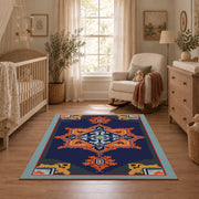 Navy and orange tribal area rug with red and cream geometric details, full pattern view