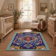 Blue and orange star medallion area rug with red geometric accents, full pattern view