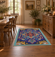 Blue and orange star medallion area rug with red geometric accents, close decorative detail