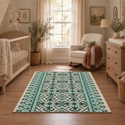 Mint and black geometric area rug with an allover modern tribal pattern, full pattern view