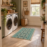 Mint and black geometric area rug with an allover modern tribal pattern, design detail view