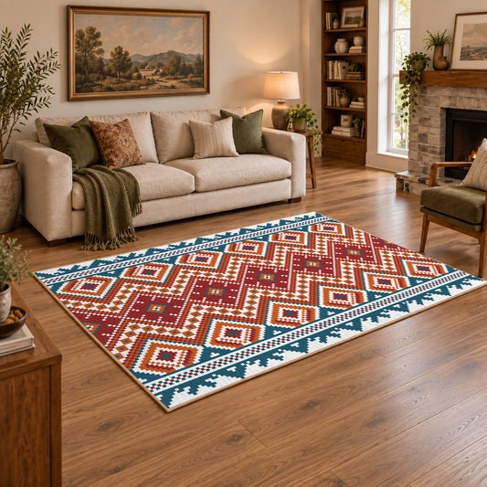 Red and cream diamond area rug with blue and black Southwestern details, featured room view