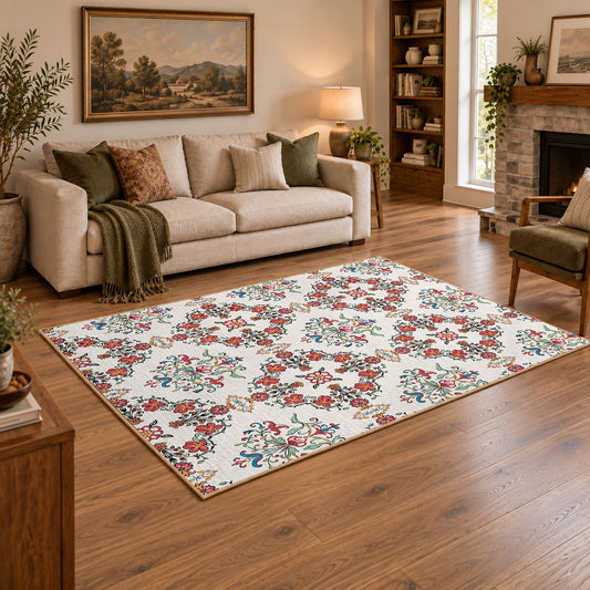 Cream and red floral vine area rug with teal and blue botanical details, featured room view