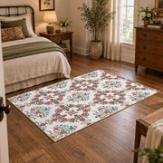Cream and red floral vine area rug with teal and blue botanical details, full pattern view