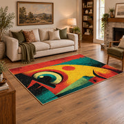 Colorful vintage geometric abstract portrait area rug styled in a warm living room