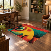 Colorful vintage geometric abstract portrait area rug angled view in a classic bedroom