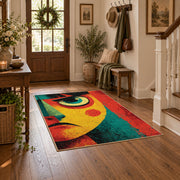 Colorful vintage geometric abstract portrait area rug styled in a welcoming entryway