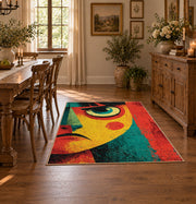 Colorful vintage geometric abstract portrait area rug shown in a bright dining space