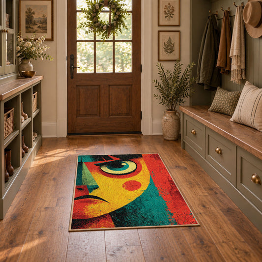 Colorful vintage geometric abstract portrait area rug displayed in a refined hallway