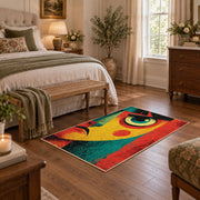 Colorful vintage geometric abstract portrait area rug styled in a restful bedroom