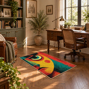 Colorful vintage geometric abstract portrait area rug displayed in a sunlit home office