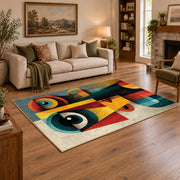 Colorful vintage geometric cubist portrait area rug styled in a warm living room