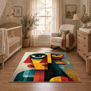 Colorful vintage geometric cubist portrait area rug shown in a calm nursery