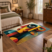 Colorful vintage geometric cubist portrait area rug displayed beside a cozy bed