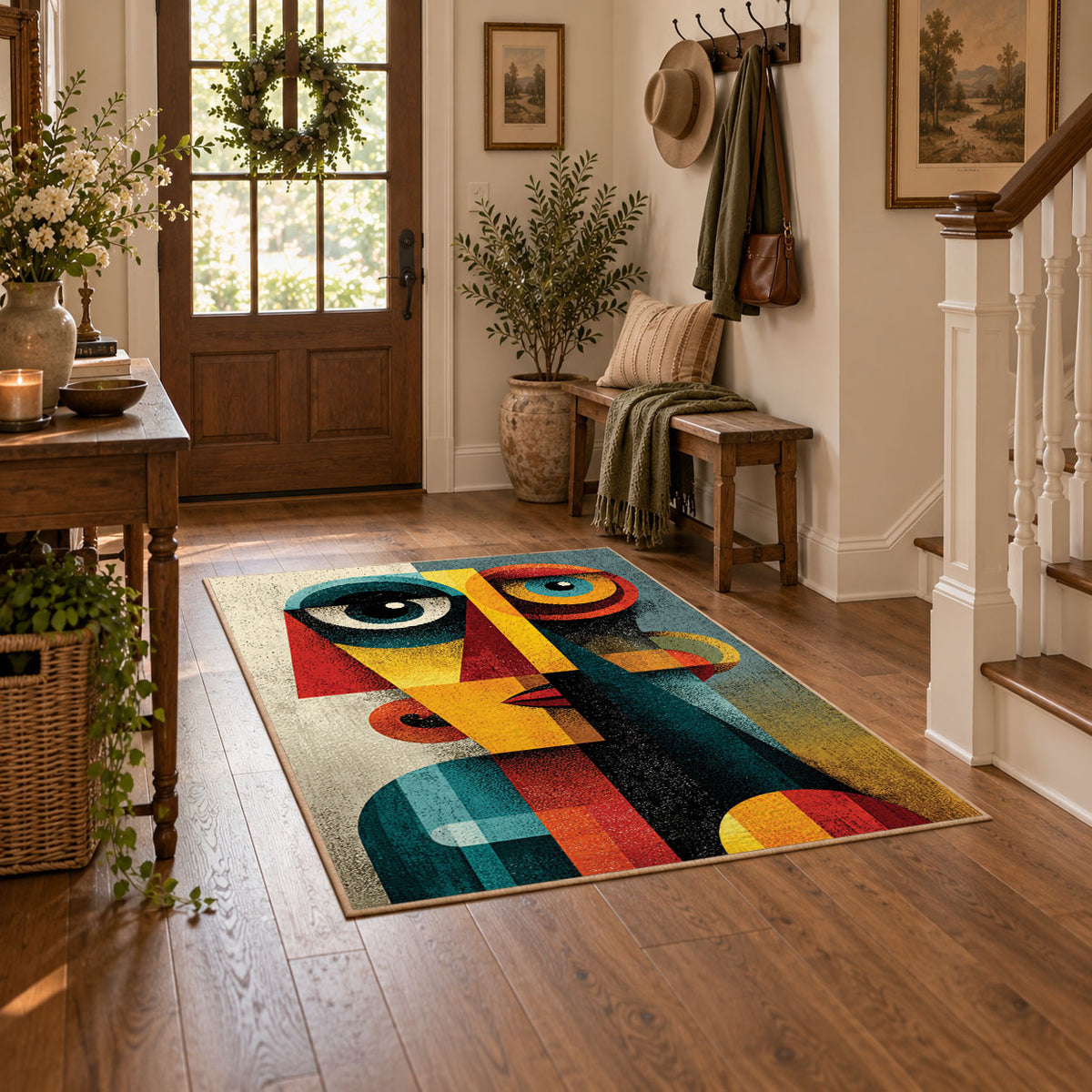 Colorful vintage geometric cubist portrait area rug styled in a welcoming entryway