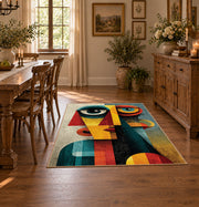 Colorful vintage geometric cubist portrait area rug shown in a bright dining space