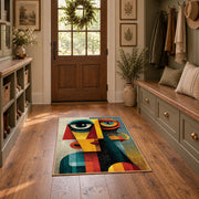 Colorful vintage geometric cubist portrait area rug displayed in a refined hallway