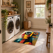 Colorful vintage geometric cubist portrait area rug placed in a modern laundry room