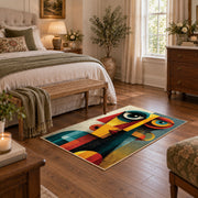 Colorful vintage geometric cubist portrait area rug styled in a restful bedroom