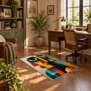 Colorful vintage geometric cubist portrait area rug displayed in a sunlit home office