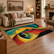 Colorful vintage geometric woman portrait area rug styled in a warm living room