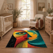 Colorful vintage geometric woman portrait area rug shown in a calm nursery