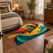 Colorful vintage geometric woman portrait area rug displayed beside a cozy bed