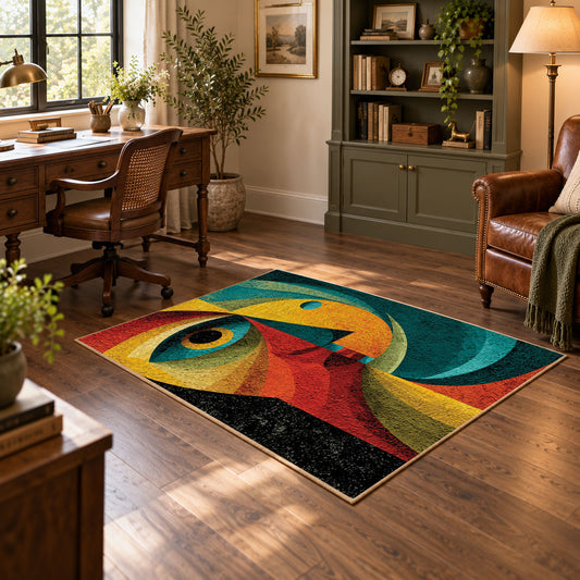 Colorful vintage geometric woman portrait area rug angled view in a classic bedroom