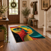Colorful vintage geometric woman portrait area rug styled in a welcoming entryway