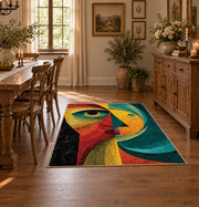 Colorful vintage geometric woman portrait area rug shown in a bright dining space