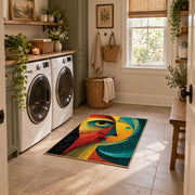 Colorful vintage geometric woman portrait area rug placed in a modern laundry room