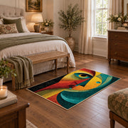 Colorful vintage geometric woman portrait area rug styled in a restful bedroom