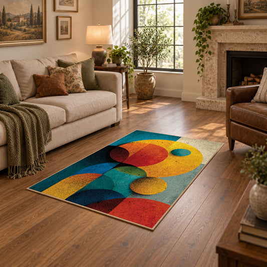 Colorful vintage geometric geometric forms area rug shown beside a comfortable sofa