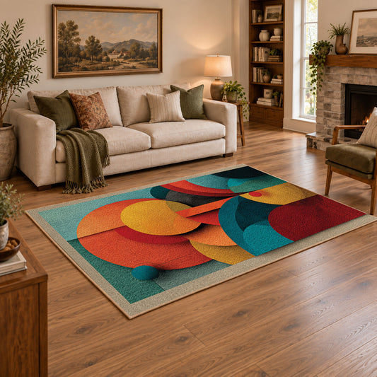 Colorful vintage geometric botanical area rug styled in a warm living room