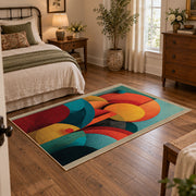Colorful vintage geometric botanical area rug displayed beside a cozy bed