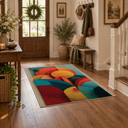 Colorful vintage geometric botanical area rug styled in a welcoming entryway