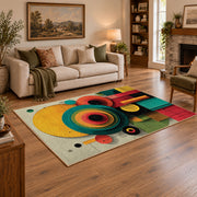 Colorful vintage geometric tree art area rug styled in a warm living room