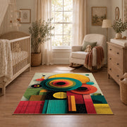 Colorful vintage geometric tree art area rug shown in a calm nursery