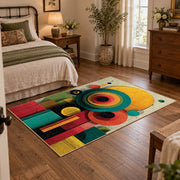 Colorful vintage geometric tree art area rug displayed beside a cozy bed