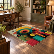 Colorful vintage geometric tree art area rug angled view in a classic bedroom