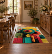 Colorful vintage geometric tree art area rug shown in a bright dining space