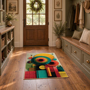 Colorful vintage geometric tree art area rug displayed in a refined hallway