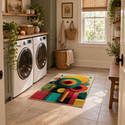Colorful vintage geometric tree art area rug placed in a modern laundry room