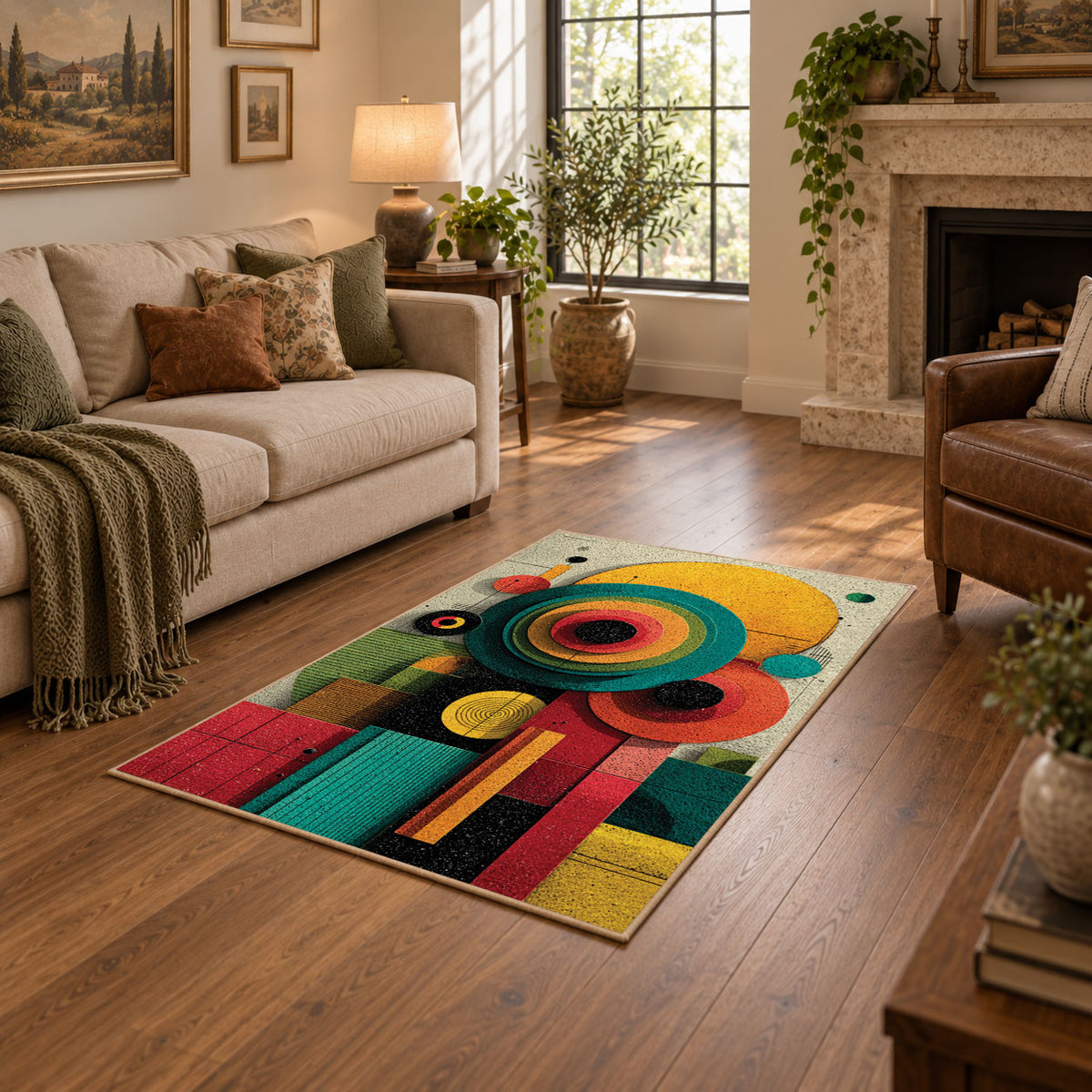 Colorful vintage geometric tree art area rug shown beside a comfortable sofa