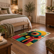 Colorful vintage geometric tree art area rug styled in a restful bedroom