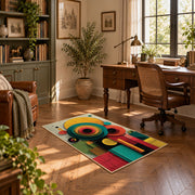 Colorful vintage geometric tree art area rug displayed in a sunlit home office