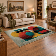 Colorful vintage geometric figurative art area rug styled in a warm living room