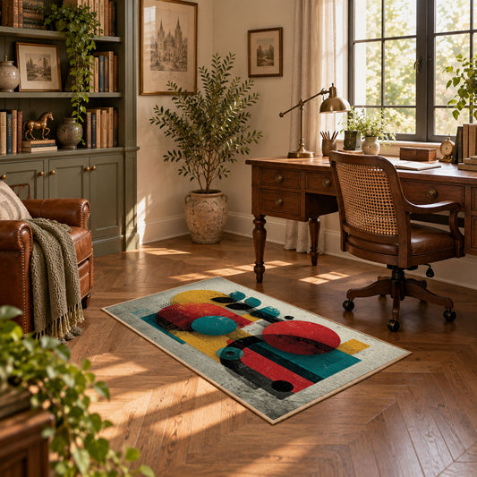 Colorful vintage geometric figurative art area rug displayed in a sunlit home office