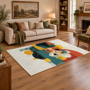 Colorful vintage geometric family portrait area rug styled in a warm living room